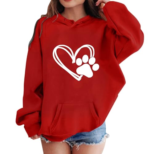 XINYUNZU Kinder Mädchen Jungen Sweatshirt Lässige Kapuzenpullover Hoodie mit Love-Print Kuschelhoodie Casual Oberteile mit Taschen Pullover Top Langarm 1-14 Jahre Alt Rot 11 Jahre von XINYUNZU