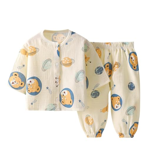 XINYUNZU Schlafanzug Jungen Baumwolle Sommer Hemd Langarm + Hose Leicht und Luftig Pyjama Set Dünne Hausanzug Casual Kinderkleidung Süßes Bedrucktes Schlafanzüge für Kinder Sale Beige 3 Jahre von XINYUNZU