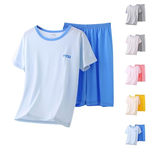 XINYUNZU Schlafanzug Jungen Kurz Casual Hausanzug Leicht Sommer Outfits 2-Teiliges Set Kinderkleidung Dünn Pyjama Set T-Shirt + Kurze Hose Schlafanzüge Kinder und Teenager Blau 13 Jahre von XINYUNZU