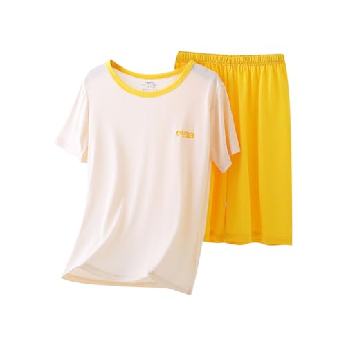 XINYUNZU Schlafanzug Jungen Kurz Casual Hausanzug Leicht Sommer Outfits 2-Teiliges Set Kinderkleidung Dünn Pyjama Set T-Shirt + Kurze Hose Schlafanzüge Kinder und Teenager Gelb 13 Jahre von XINYUNZU
