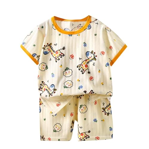 XINYUNZU Schlafanzug Kinder Kurz Pyjama Set Shorts und T-Shirt Sommer Outfit 2-Teiliges Kleidung Leicht Hausanzug Aufdruck Kleidung Schlafanzüge für Jungen und Mädchen Beige 8 Jahre von XINYUNZU