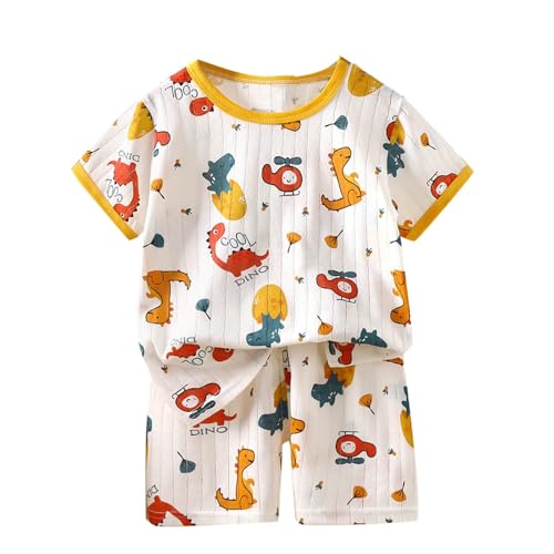 XINYUNZU Schlafanzug Kinder Kurz Pyjama Set Shorts und T-Shirt mit Schulterknöpfen Sommer Outfit 2-Teiliges Kleidung Leicht Hausanzug Aufdruck Kleidung Schlafanzüge für Jungen und Mädchen Weiß 1 Jahr von XINYUNZU