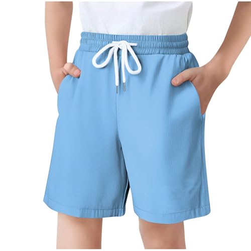 XINYUNZU Shorts Jungen Sommer Kurze Hose Einfarbig Leichte Sommerhose Kurz Bequeme Freizeithose mit Elastischem Bund & Taschen 2025 Outdoor Casual Kurze Hosen für Kinder und Teenager Blau 13 Jahre von XINYUNZU