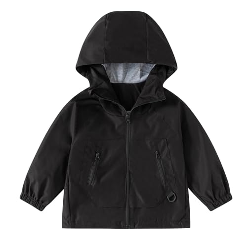 XINYUNZU Softshelljacke Jungen Mädchen Windjacke Wasserdicht Windbreaker Freizeitjacke mit Kapuze & Reißverschluss Herbstjacke Outdoor Jacke Regenjacke Kinder Schwarz 2 Jahre von XINYUNZU