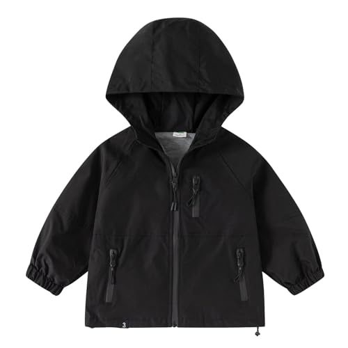 XINYUNZU Softshelljacke Jungen Mädchen Windjacke Wasserdicht Windbreaker Freizeitjacke mit Kapuze & Reißverschluss Herbstjacke Outdoor Jacke Regenjacke Kinder Schwarz 3 Jahre von XINYUNZU