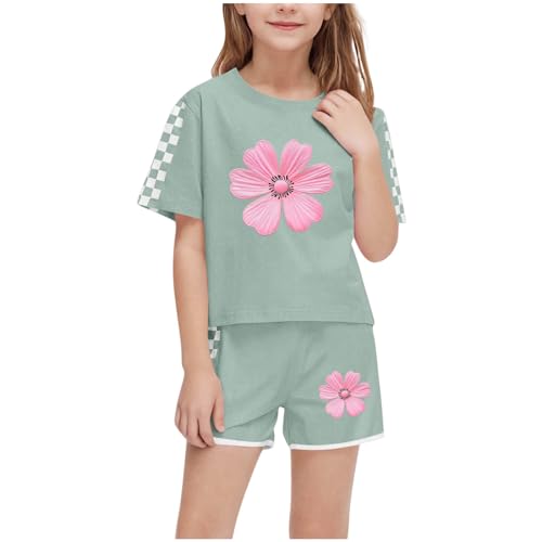 XINYUNZU Sportanzug Mädchen T-Shirt und Shorts Sommer Kleidung Set Trainingsanzug Jogginganzug Outfit Top mit Sporthose Kurz Activewear Casual Klamotten Bekleidungssets für Kinder Armeegrün 7 Jahre von XINYUNZU