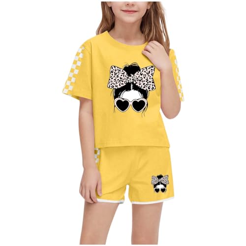 XINYUNZU Sportanzug Mädchen T-Shirt und Shorts Sommer Kleidung Set Trainingsanzug Jogginganzug Sport Outfit Top mit Sporthose Kurz Activewear Casual Klamotten Bekleidungssets für Kinder Gelb 9 Jahre von XINYUNZU
