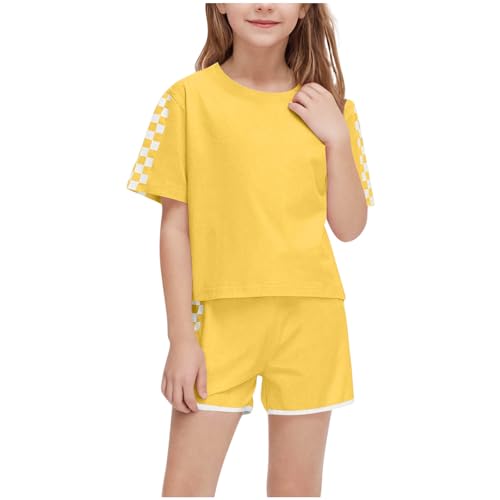 XINYUNZU Sportanzug Mädchen T-Shirt und Shorts Sommer Kleidung Set Trainingsanzug Jogginganzug Sport Outfit Top mit Sporthose Kurz Activewear Casual Klamotten Bekleidungssets für Kinder Gelb 9 Jahre von XINYUNZU