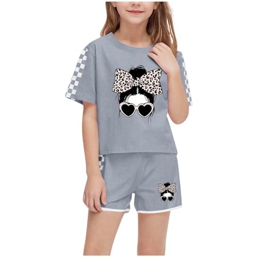 XINYUNZU Sportanzug Mädchen T-Shirt und Shorts Sommer Kleidung Set Trainingsanzug Jogginganzug Sport Outfit Top mit Sporthose Kurz Activewear Casual Klamotten Bekleidungssets für Kinder Grau 7 Jahre von XINYUNZU