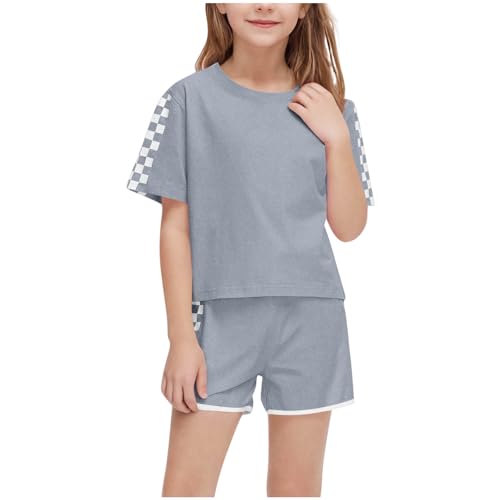 XINYUNZU Sportanzug Mädchen T-Shirt und Shorts Sommer Kleidung Set Trainingsanzug Jogginganzug Sport Outfit Top mit Sporthose Kurz Activewear Casual Klamotten Bekleidungssets für Kinder Grau 9 Jahre von XINYUNZU