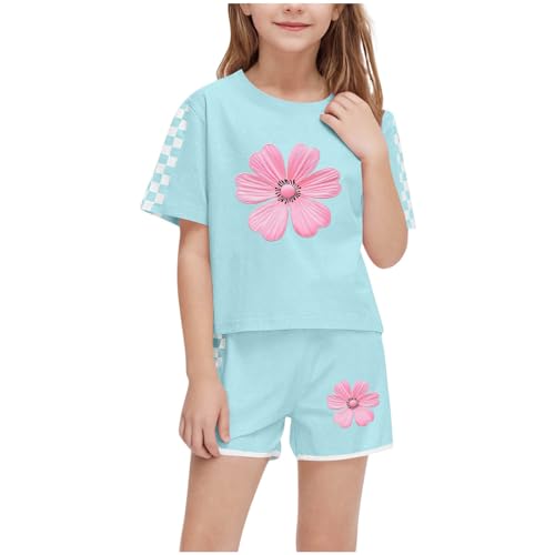 XINYUNZU Sportanzug Mädchen T-Shirt und Shorts Sommer Kleidung Set Trainingsanzug Jogginganzug Sport Outfit Top mit Sporthose Kurz Activewear Casual Klamotten Bekleidungssets für Kinder Grün 7 Jahre von XINYUNZU
