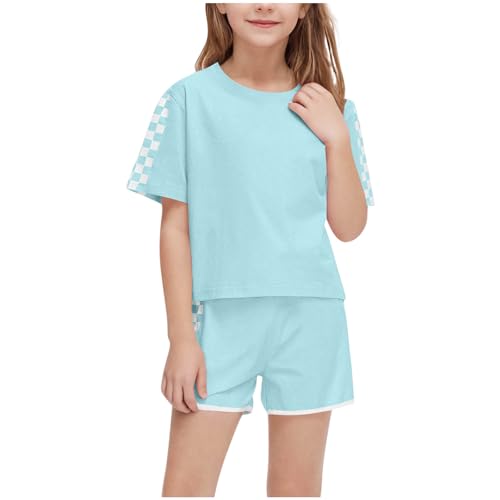 XINYUNZU Sportanzug Mädchen T-Shirt und Shorts Sommer Kleidung Set Trainingsanzug Jogginganzug Sport Outfit Top mit Sporthose Kurz Activewear Casual Klamotten Bekleidungssets für Kinder Grün 9 Jahre von XINYUNZU