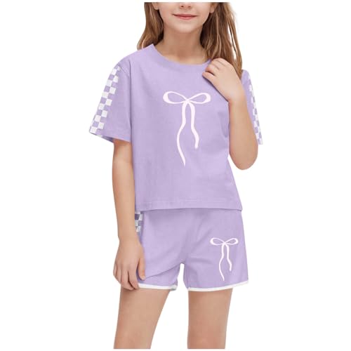 XINYUNZU Sportanzug Mädchen T-Shirt und Shorts Sommer Kleidung Set Trainingsanzug Jogginganzug Sport Outfit Top mit Sporthose Kurz Activewear Casual Klamotten Bekleidungssets für Kinder Lila 13 Jahre von XINYUNZU