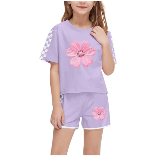 XINYUNZU Sportanzug Mädchen T-Shirt und Shorts Sommer Kleidung Set Trainingsanzug Jogginganzug Sport Outfit Top mit Sporthose Kurz Activewear Casual Klamotten Bekleidungssets für Kinder Lila 5 Jahre von XINYUNZU
