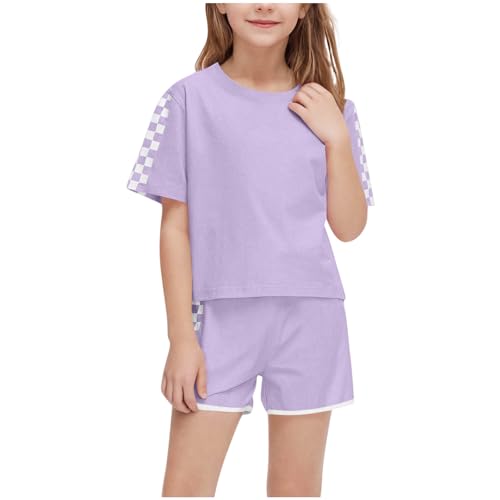 XINYUNZU Sportanzug Mädchen T-Shirt und Shorts Sommer Kleidung Set Trainingsanzug Jogginganzug Sport Outfit Top mit Sporthose Kurz Activewear Casual Klamotten Bekleidungssets für Kinder Lila 9 Jahre von XINYUNZU