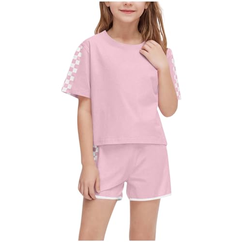 XINYUNZU Sportanzug Mädchen T-Shirt und Shorts Sommer Kleidung Set Trainingsanzug Jogginganzug Sport Outfit Top mit Sporthose Kurz Activewear Casual Klamotten Bekleidungssets für Kinder Rosa 10 Jahre von XINYUNZU