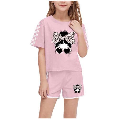 XINYUNZU Sportanzug Mädchen T-Shirt und Shorts Sommer Kleidung Set Trainingsanzug Jogginganzug Sport Outfit Top mit Sporthose Kurz Activewear Casual Klamotten Bekleidungssets für Kinder Rosa 7 Jahre von XINYUNZU