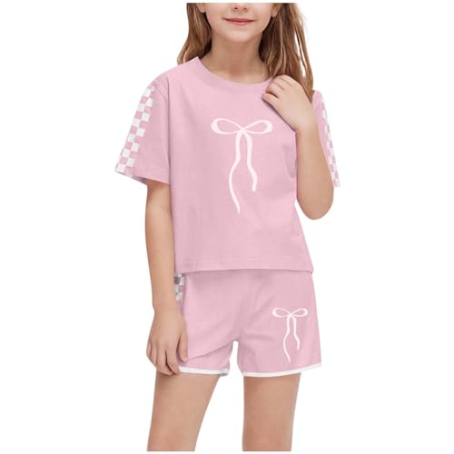 XINYUNZU Sportanzug Mädchen T-Shirt und Shorts Sommer Kleidung Set Trainingsanzug Jogginganzug Sport Outfit Top mit Sporthose Kurz Activewear Casual Klamotten Bekleidungssets für Kinder Rosa 7 Jahre von XINYUNZU