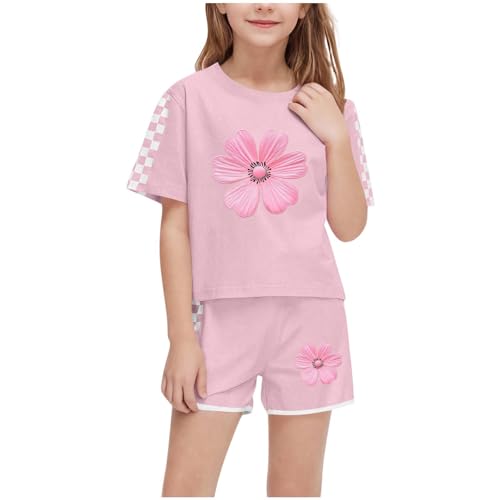 XINYUNZU Sportanzug Mädchen T-Shirt und Shorts Sommer Kleidung Set Trainingsanzug Jogginganzug Sport Outfit Top mit Sporthose Kurz Activewear Casual Klamotten Bekleidungssets für Kinder Rosa 9 Jahre von XINYUNZU