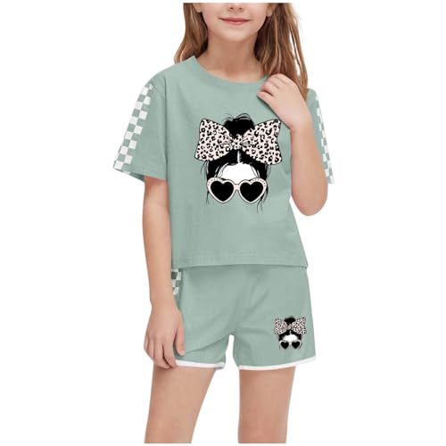 XINYUNZU Sportanzug Mädchen T-Shirt und Shorts Sommer Kleidung Set Trainingsanzug Jogginganzug Sport Outfit Top mit Sporthose Kurz Casual Klamotten Bekleidungssets für Kinder Armeegrün 7 Jahre von XINYUNZU