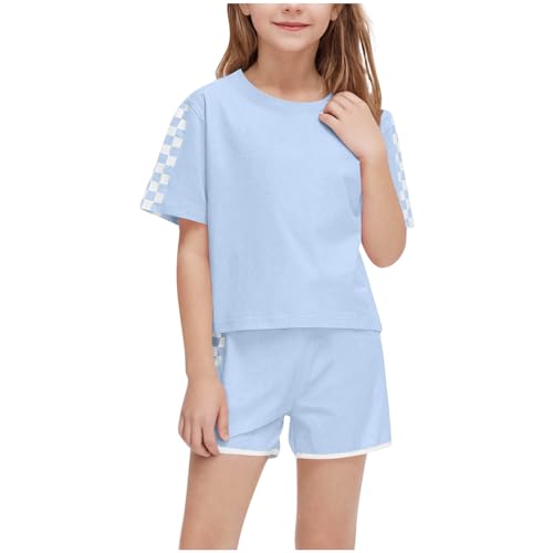 XINYUNZU Sportanzug Mädchen T-Shirt und Shorts Sommer Kleidung Set Trainingsanzug Jogginganzug Sport Top mit Sporthose Kurz Activewear Casual Klamotten Bekleidungssets für Kinder Himmelblau 7 Jahre von XINYUNZU