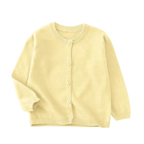 XINYUNZU Strickjacke Mädchen Cardigan Langarm Rundhals Einfarbig Baumwolle Strick-Pullover Jacke mit Knöpfen Schuluniform Bequeme Basic Strickjacken für Kinder Gelb 7-8 Jahre von XINYUNZU