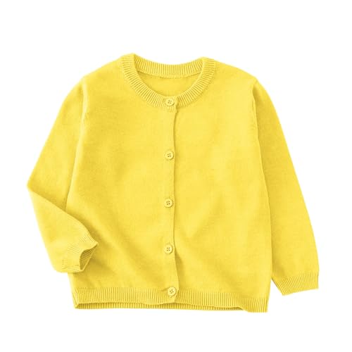 XINYUNZU Strickjacke Mädchen Cardigan Langarm Rundhals Einfarbig Baumwolle Strick-Pullover Jacke mit Knöpfen Schuluniform Bequeme Basic Strickjacken für Kinder Gelb 7-8 Jahre von XINYUNZU