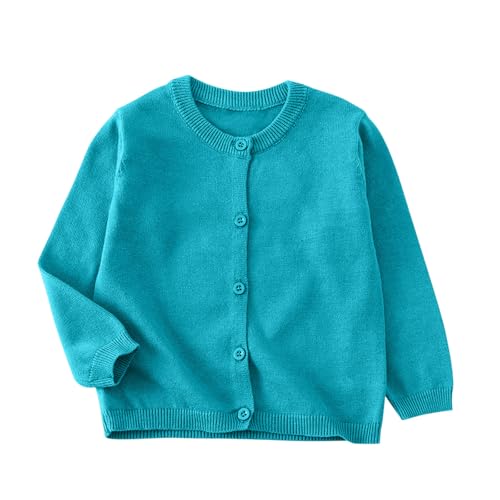 XINYUNZU Strickjacke Mädchen Cardigan Langarm Rundhals Einfarbig Baumwolle Strick-Pullover Jacke mit Knöpfen Schuluniform Bequeme Basic Strickjacken für Kinder Himmelblau 7–8 Jahre von XINYUNZU