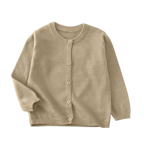 XINYUNZU Strickjacke Mädchen Cardigan Langarm Rundhals Einfarbig Baumwolle Strick-Pullover Jacke mit Knöpfen Schuluniform Bequeme Basic Strickjacken für Kinder Khaki 4-5 Jahre von XINYUNZU