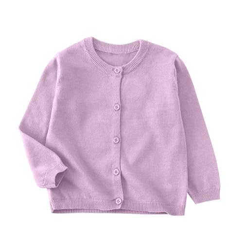 XINYUNZU Strickjacke Mädchen Cardigan Langarm Rundhals Einfarbig Baumwolle Strick-Pullover Jacke mit Knöpfen Schuluniform Bequeme Basic Strickjacken für Kinder Lila 7–8 Jahre von XINYUNZU
