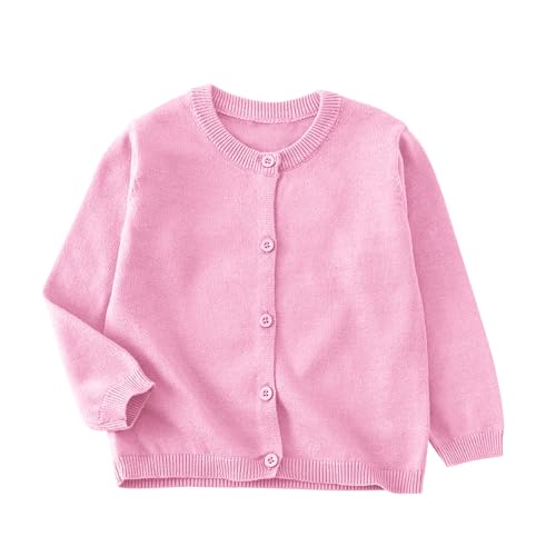 XINYUNZU Strickjacke Mädchen Cardigan Langarm Rundhals Einfarbig Baumwolle Strick-Pullover Jacke mit Knöpfen Schuluniform Bequeme Basic Strickjacken für Kinder Rosa 7-8 Jahre von XINYUNZU