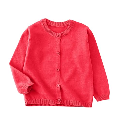 XINYUNZU Strickjacke Mädchen Cardigan Langarm Rundhals Einfarbig Baumwolle Strick-Pullover Jacke mit Knöpfen Schuluniform Bequeme Basic Strickjacken für Kinder Wassermelonenrot 7-8 Jahre von XINYUNZU