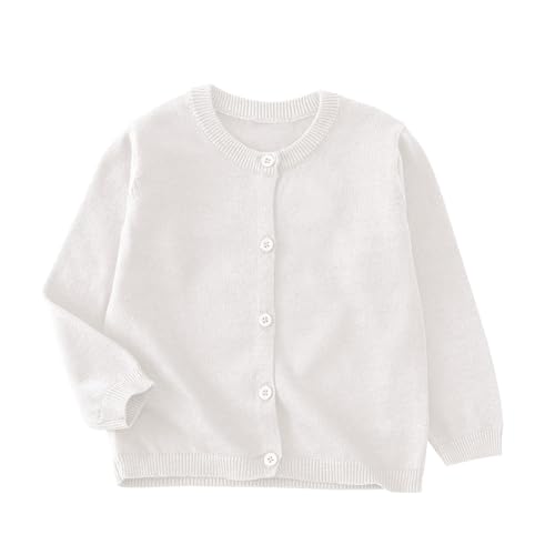 XINYUNZU Strickjacke Mädchen Cardigan Langarm Rundhals Einfarbig Baumwolle Strick-Pullover Jacke mit Knöpfen Schuluniform Bequeme Basic Strickjacken für Kinder Weiß 5-6 Jahre von XINYUNZU