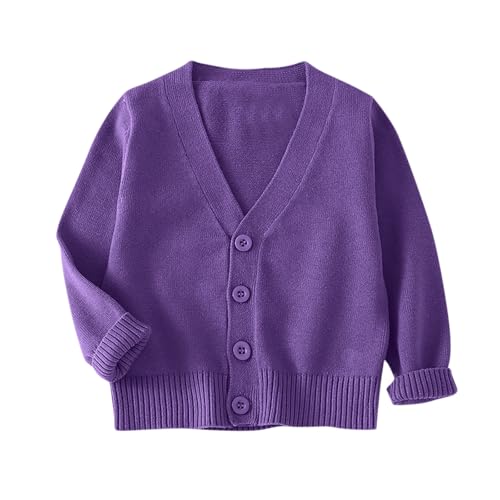 XINYUNZU Strickjacke Mädchen V-Ausschnitte Cardigan Langarm Baumwolle Strick Jacke Einfarbige Baumwollstrickpullover mit Knöpfen Bequeme Strickjacken für Kinder Lila 3-4 Jahre von XINYUNZU