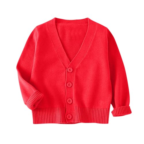 XINYUNZU Strickjacke Mädchen V-Ausschnitte Cardigan Langarm Baumwolle Strick Jacke Einfarbige Baumwollstrickpullover mit Knöpfen Bequeme Strickjacken für Kinder Rot 5-6 Jahre von XINYUNZU