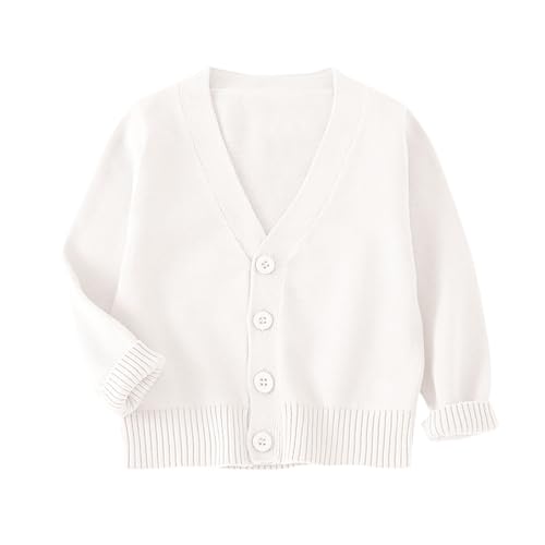 XINYUNZU Strickjacke Mädchen V-Ausschnitte Cardigan Langarm Baumwolle Strick Jacke Einfarbige Baumwollstrickpullover mit Knöpfen Bequeme Strickjacken für Kinder Weiß 7-8 Jahre von XINYUNZU