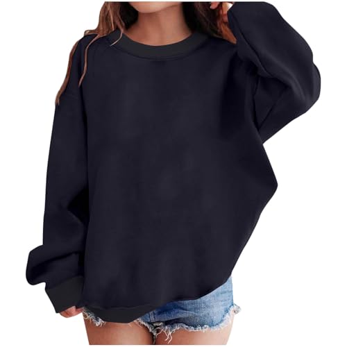 XINYUNZU Sweatshirt Mädchen Baumwolle Freizeit Pullover Rundhals Einfarbig Casual Oberteile Langarm Freizeitpullover mit Oversize Schultern Sweatshirts ohne Kapuze Kinder Marineblau 11–12 Jahre von XINYUNZU