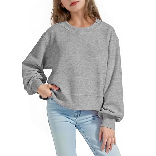 XINYUNZU Sweatshirt Mädchen mit Puffärmeln Kurze Rundhals-Pullover Einfarbig Casual Oberteile Ohne Kapuze Langarmshirt Sweatshirts für Kinder und Teenager Herbst/Winter Gray 14 Jahre von XINYUNZU