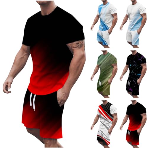 XINYUNZU Trainingsanzug Herren Jogginganzug Kurzarm Sportanzug Freizeitanzug 2 Teiler Casual Outfit Sommer Kurze Hosen + T Shirt Tracksuit Sport Set Hausanzug Männer Streetwear Sale Angebote Rot XXL von XINYUNZU