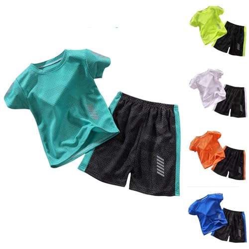 XINYUNZU Trainingsanzug Kinder Sommer Jogginganzug Schnelltrocknend Sportanzug Sport T-Shirt und Sporthose Kurz Set Sportkleidung Tracksuit Activewear für Jungen Grün 6 Jahre von XINYUNZU