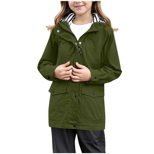 XINYUNZU Übergangsjacke Mädchen Regenjacke Winddicht Regenmantel Windjacke Wasserdicht Windbreaker mit Kapuze Outdoor Jacken für Kinder und Teenager Regencape Softshelljacke Armeegrün 9 Jahre von XINYUNZU