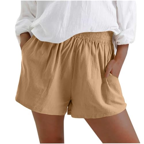 XINYUNZU Warehouse Deal Kurze Hose Damen Shorts Sommer Baumwolle Leinen Bermuda Shorts Casual High Waist Shorts Baggy Leichte Kurze Hosen Lässig Leinenhose Kurz Sport Shorts Khaki XL von XINYUNZU