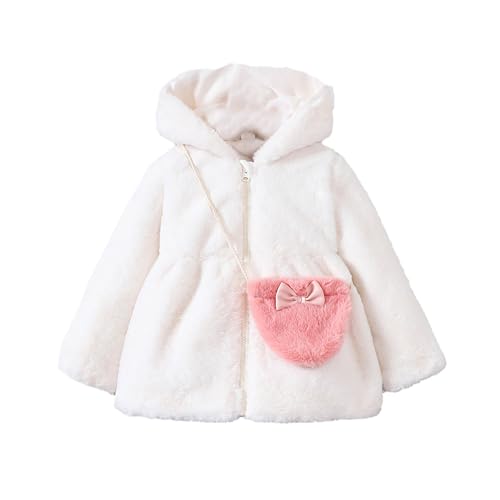 XINYUNZU Winterjacke Mädchen Fleecejacke mit Umhängetasche Set Fleece Jacke Warm Kapuzenjacke mit Reißverschluss Kinder Kuscheljacke Einfarbig Tunika-Jacken Weiß 120 von XINYUNZU