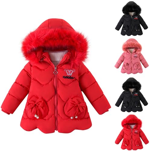 XINYUNZU Winterjacke Mädchen Lang Baumwolle Fleece Gefüttert Wintermantel Winter Süßer Mantel mit Schleife Kinder Daunenmantel Girl Coat Warm Outdoor Puffer Jacke Angebot des Tages Rot 100 von XINYUNZU