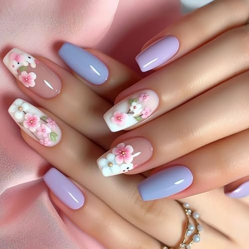 24 PCs Blumen Kleben Nägeln Einfache Künstliche Nägel Form False Nägel Glänzende Presse Auf Nägeln Für Frauen Mädchen von XINgjyxzk