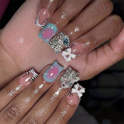 24 Stück Glänzende Nägel Zum Aufdrücken Mit Strasssteinen Französische Spitzen Künstliche Nägel 3D Schleifen Vollständige Abdeckungen Zum Aufkleben Für Frauen Und Mädchen von XINgjyxzk