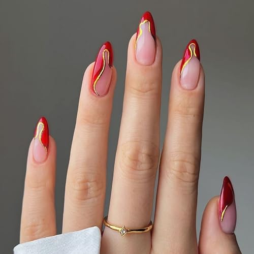 24 Stück Mandel Kunstnägel Glänzend Zum Aufkleben Mit Französischer Spitze Designs Acryl Zum Aufdrücken Der Nägel Für Frauen Und Mädchen von XINgjyxzk