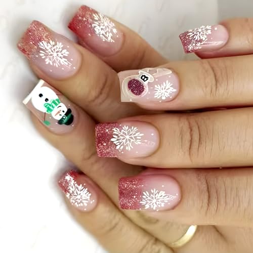 24 Stück Weihnachts Kunstnägel Kurz Quadratisch Zum Aufdrücken Auf Die Nägel Schneemänner Und Silber Glitzernd Glänzend Zum Aufkleben Auf Den Nägeln Für Mädchen von XINgjyxzk
