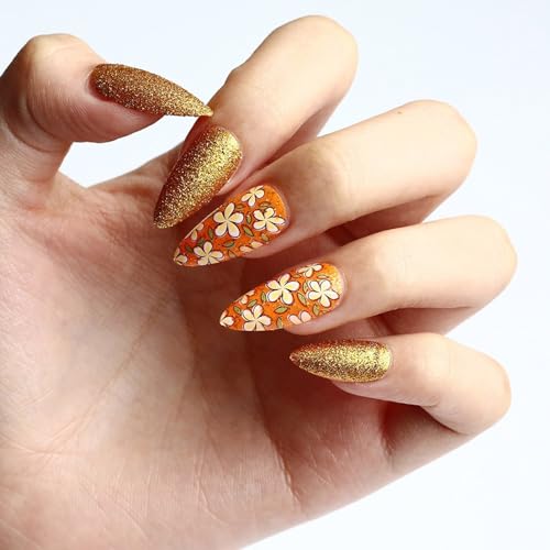 Blumen Künstliche Nägel Glitzernde Falsche Nägel Vollständige Abdeckungen Zum Aufkleben Auf Die Nägel Mittelgroß Mandel Press On Nägel Für Frauen Und Mädchen von XINgjyxzk