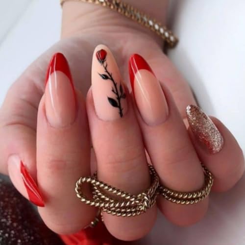 Valentinstag Nägel Mandel Press On Nägel Rosen Designs Französische Spitzen Glänzende Künstliche Nägel Komplette Abdeckungen Für Frauen 24 Stück von XINgjyxzk